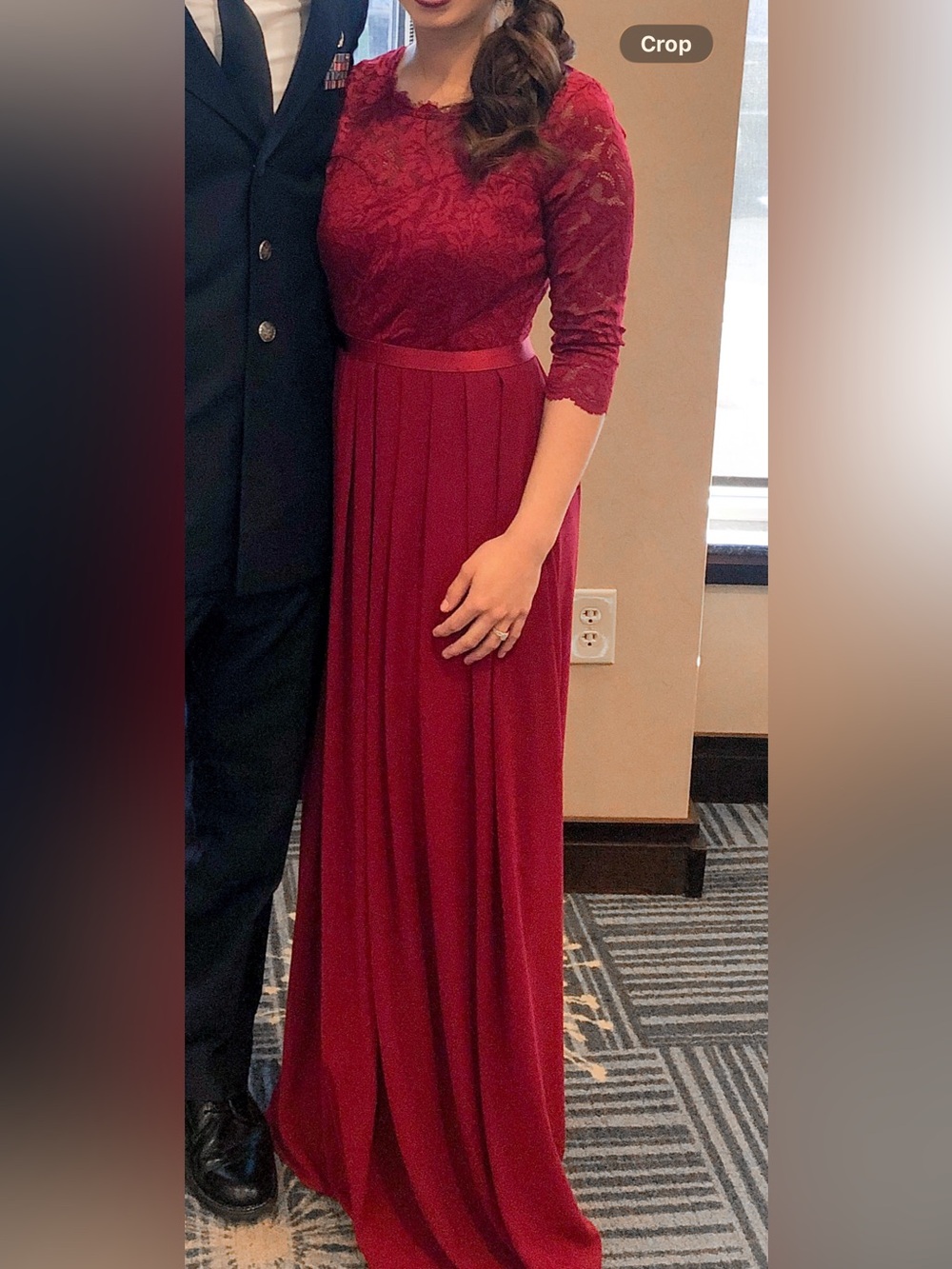 Miusol Women's Long Sleeve Lace Bodice Maxi Dress in Burgundy Red